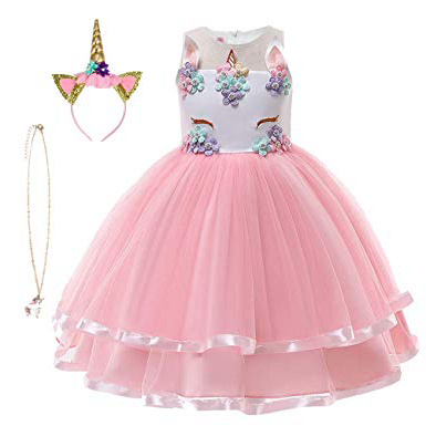 Ragazzine Unicorn Vestiti, URAQT Ruffles Fiori Festa Cosplay Abito da Sposa Carnevale Ballo Abito Festa di Compleanno Vestito della Principessa per Bambine.