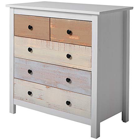 VS Venta-stock Cassettiera Magda Bianco con 5 cassetti di Diversi Colori, Realizzato in Pino Massiccio