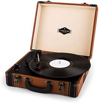 auna Jerry Lee - Giradischi, lettore di dischi, unità a cinghia, altoparlanti stereo, USB, 3 velocità, 33/45/78 giri / min., 3 dimensioni di dischi, Funzione di avvio automatico, marrone