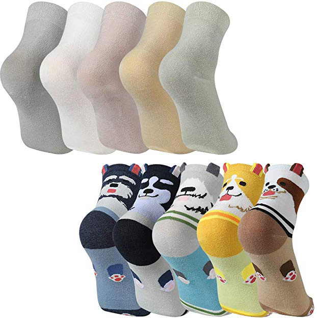 Rovtop 5 Paia Calze Donna e 5 Paia Tinta Unita Calzini, Calzini Donna Cotone, Design in Modello di Cane Carino, Taglia Unica: 37-42 EU