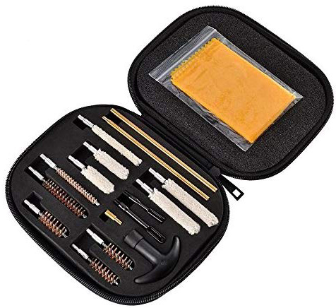 BOOSTEADY Kit di Pulizia per Pistola con Spazzole in Metallo, Patch e Tamponi, Panno in Silicone Antiruggine Asta Universale Calibro 22 357 38 40 44 45 9mm