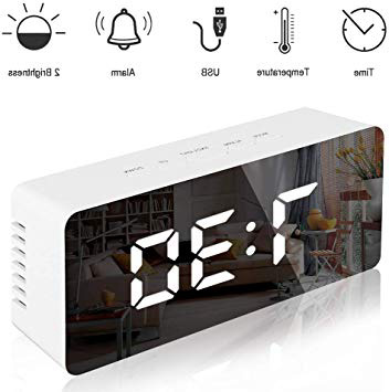 Trongle Sveglia - Sveglia Digitale a Specchio con Temperatura, Display a LED, luminosità Regolabile, USB e alimentata a Batteria, per Camera da Letto, Ufficio, Bianco, 14,6 x 8,4 x 4,2 cm