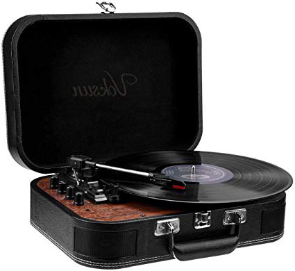 Giradischi, VOKSUN Bluetooth Giradischi Vintage Lettore di vinile LP 3 velocità 33/45/78 RPM con 2 Altoparlante Stereo Incorporato e Encoder Digitale,USB,Aux-In e RCA - Design del Case (Pelle)