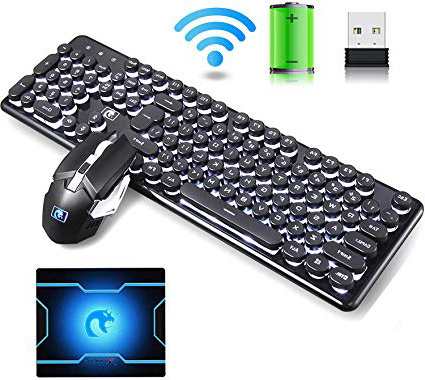 Hoopond combinazione di tastiera e mouse wireless ricaricabile 2.4G, Retro punk bianco tastiera da gioco retroilluminata +6 flash arcobaleno chiave 2400 DPI mouse + mouse pad (luce bianca e nera)