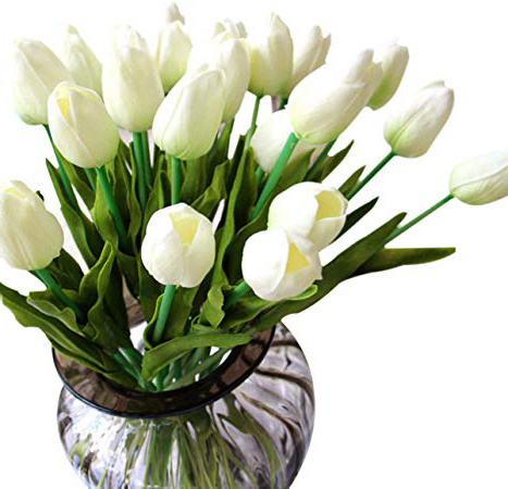 Bouquet di tulipani GKONGU Mazzo di 10 pezzi Realistico Latex Tulipano Artificiale Fiori Naturali Vibranti Naturali Per Decorazione Matrimonio Party Room-Bianca