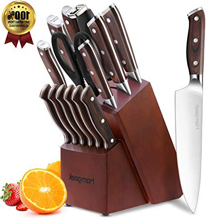 Homgeek Set Coltelli, ceppo coltelli 15 pezzi con blocco di legno e set di coltelli posate in acciaio inox ad alto tenore di carbonio della Germania