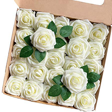 Fiori Artificiali, ACDE Rosa Artificiali 25 Pezzi Rose Finte Schiuma Aspetto Reale con Foglia e Gambo Regolabile per DIY Matrimoni Mazzi Nuziale Festa Casa Stanza Decorazioni (Avorio)