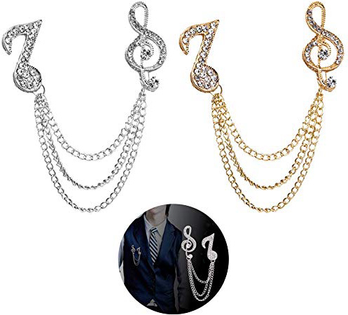 Huture 2pcs Uomo Nota Musicale Spilla Mark Spilla Distintivo Catene appese Colletto Abito da Lavoro Smoking Camicie Cravatta Cappello Sciarpa Ragazzo Padre Compleanno Anniversario Regalo Oro/Argento