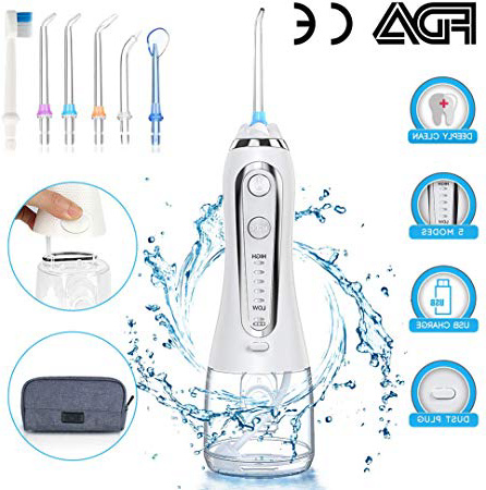 Idropulsore Dentale Portatile Uvistare,5 Modalità 6 Ugelli di Ricambio Irrigatore Orale 300 ml Elettrico Professionale USB Ricaricabile IPX7 Impermeabile,con Borsa per Viaggio,Casa, Ufficio (Bianco)