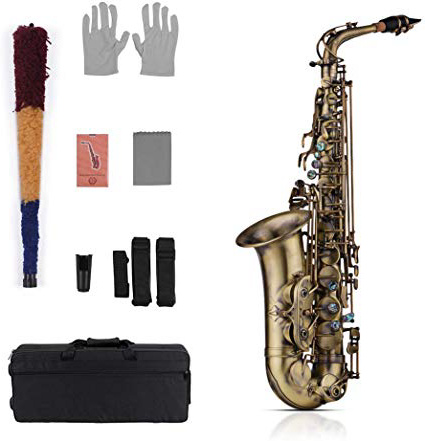 Muslady Eb E-Flat Contralto Sassofono Sax Alta Qualità Finitura Anticata Shell Key Scolpisca il Modello Strumento a Fiato con Custodia Imbottita Guanti Pezza per Pulire Spazzola Cinghie di Sax Ance