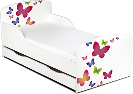 Letto Lettino Per Bambini In Legno Cassetto Cassettone e Materasso Magnifiche Stampe Mobili Per Bambini Attrezzatura Stanza Per Bambino Dimensioni 140x70 Motivo Farfalle