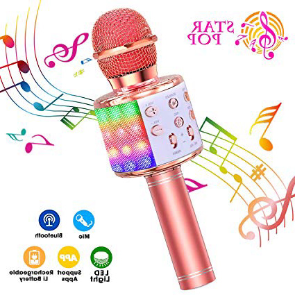 compatibile con dispositivi Android e iOS Microfono wireless per karaoke portatile con funzione di registrazione Oro rosa per karaoke ShinePick 4 in 1 con luci a LED
