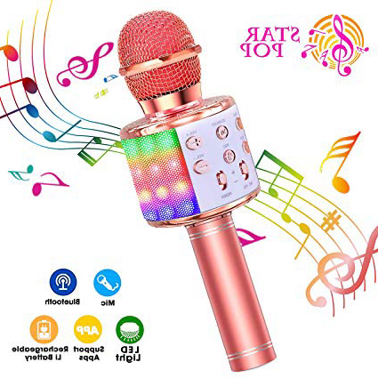 ShinePick Microfono Karaoke, 4 in 1 Bluetooth Wireless LED Flash Microfono Portatile Karaoke Player con Altoparlante per Android/iOS, PC e Smartphone(Oro Rosa)