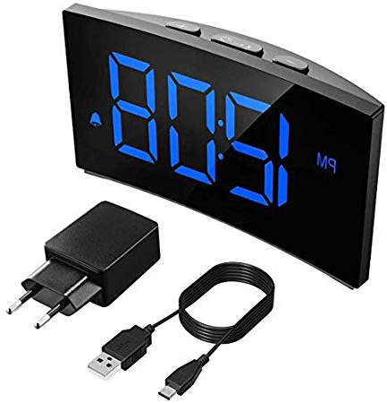 Holife Sveglia Digitale, Sveglia da Comodino, Sveglia Digitale da Comodino, 5 Pollici LED Grande Schermo, 3 Suoni Naturali/Funzione di Snooze/Luminosità Regolabile/12/24 Ore, Blu(Adattatore Incluso)