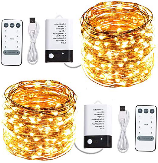 ACDE 2 Pezzi Catena Luminosa 10 Metri 100 LED Alimentato da Batterie o USB 2 Modalità, Impermeabile Filo Rame Luci Stringa con Telecomando Timer--Giallo Caldo