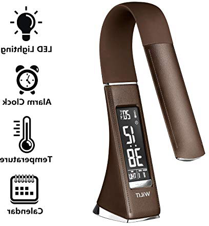WILIT U2 5W Lampada da tavolo LED, Lampada da scrivania con schermo dimmerabile, Sveglia, Calendario, Display della temperatura e collo d'oca, Marrone