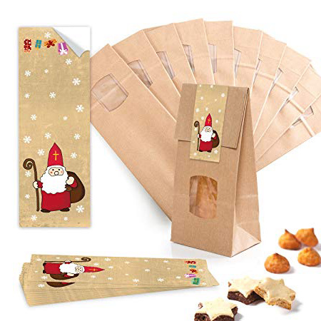 10 pezzi piccolo marrone blocco di fondo borse con finestra + inserto pergamina (10,5 x 6,5 x 29 cm) + 10 Rosso Bianco Santo Nicola Natale Adesivo – Sacchetti di carta Lebensmittel di vera