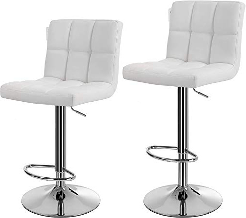 Songmics 2 x Sgabello da Bar/Cucina, Similpelle, Regolabile e Girevole a 360°, Schienale e Poggiapiedi, Struttura in Acciaio Cromato, Peso max: 200 kg, Bianco LJB64W, PU, 38 x 44,5 x (95-115) cm