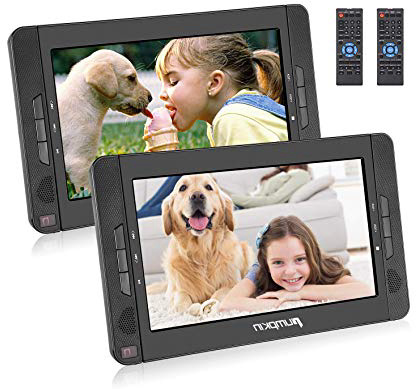 PUMPKIN Lettore dvd portatile auto poggiatesta per bambini, doppio schermo da 10.1 pollici con supporto, lunga durata da 5 ore, supporta AV IN/AV OUT/USB/SD/MMC/region free