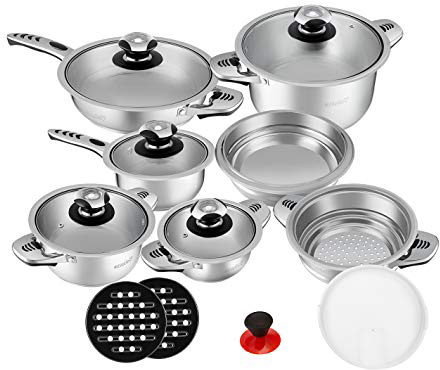 Velaze, Haru, 16 Pezzi - Set di Pentole e Padelle, Batteria di Pentole Chef Casseruola in Acciaio Inox Cromato Adatto per Piastre a Induzione, Coperchio in Vetro, Sistema Evaporativo, Argento