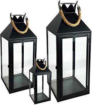 Mojawo® Set di 3 lanterne XXL da giardino, in metallo, con manico in corda, altezza 25/40/51 cm, colore nero