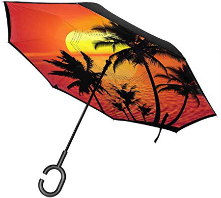 Tropical Sunset Beach Reverse Inverted - Self Stand Upside-down Rain Protection Ombrelloni per auto con impugnatura a C
