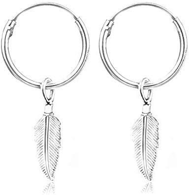TJS Orecchini a Cerchio con Pendenti Piuma Argento 925 Senza Nichel Ipoallergenico Diametro 14mm Uomo Donna Ragazza Ragazzo Unisex