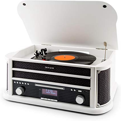 Auna - Belle Epoque 1908, Giradischi, Vintage, Stereo, Radio Digitale, Dab+, Bluetooth, Lettore CD, MP3, RDS, Lettore Cassette, Porta USB, digitalizzazione, Telecomando, Bianco