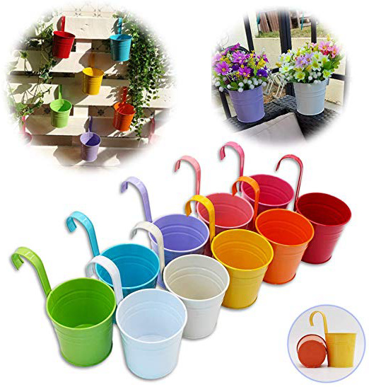GIOVARA Set di 10 Vasi da Fiori in Metallo Vaso Sospeso Fioriera Senza Foro di Drenaggio, Gancio Rimovibile, Balcone Recinzione Garden Home Decor