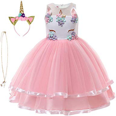 Ragazzine Unicorn Vestiti, URAQT Ruffles Fiori Festa Cosplay Abito da Sposa Carnevale Ballo Abito Festa di Compleanno Vestito della Principessa per Bambine.