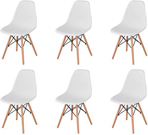 KunstDesign Set di 6 Sedie da Pranzo con Seduta in Polipropilene e Gambe in Legno Massello di Faggio, Design Ergonomico (Bianco)
