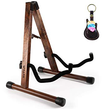 PlutuX Supporto per chitarra in legno per chitarra acustica, elettrica, classica, basso Supporto per chitarra portatile Supporto per strumenti musicali Piano natura Noce nero