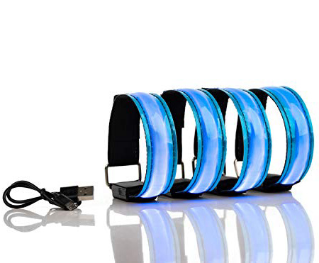 BRACCIALETTO LED RICARICABILE USB Catarifrangente – Luci Segnalazione Alta Visibilità per Corsa, Running, Jogging, Ciclismo, 3 modalità luminose di Sicurezza (Set 4 Pezzi) (blu)