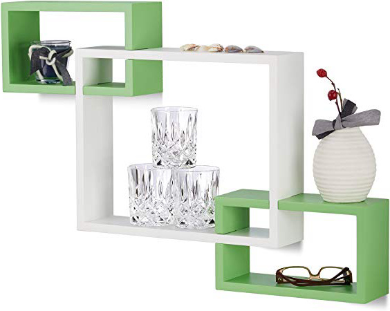Relaxdays 10021805_252 Mensole da Parete Cube, Ripiani in Legno MDF, HxLxP: 48 x 70,5 x 10 cm, Bianco-Verde