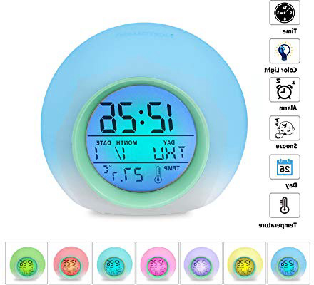 HAMSWAN Sveglia Digitale, Sveglia per Bambini, Sveglia con 7 Colori di Luci LED e 8 Tipi di Suoni, Verde