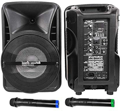 KARAFAN'S - KIT IMPIANTO COMPLETO PER KARAOKE CON 2 CASSE AMPLIFICATE E 2 RADIOMICROFONI WIRELESS INTEGRATI USB MP3 FM PC-AUX per Karaoke domestico o picoli eventi. Assitenza e ricambi Italia