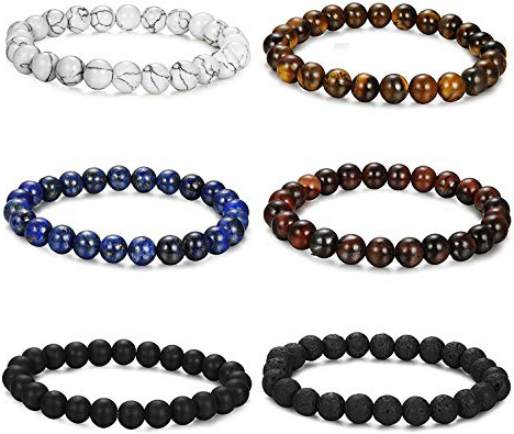 BESTEEL Gioielli 6PCS Pietra Naturale Bracciali per Uomo Donna Braccialetto Perline Mala Elastico 8-10mm