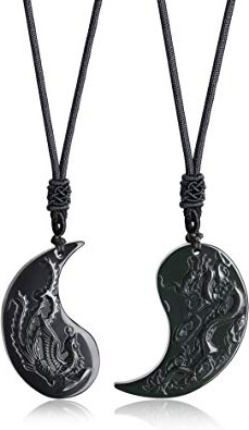 COAI Coppia Pendenti per Lui e per Lei in Ossidiana con Drago e Fenice Intarsiati, Coppia Collane Pendenti Yin Yang con Laccio Regolabile