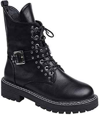 S&H-NEEDRA Stivaletti Donna Bassi Tacco Largo Fibbia Stringati Pelle Sintetica Stivali Biker con Borchie Scarpe Invernali