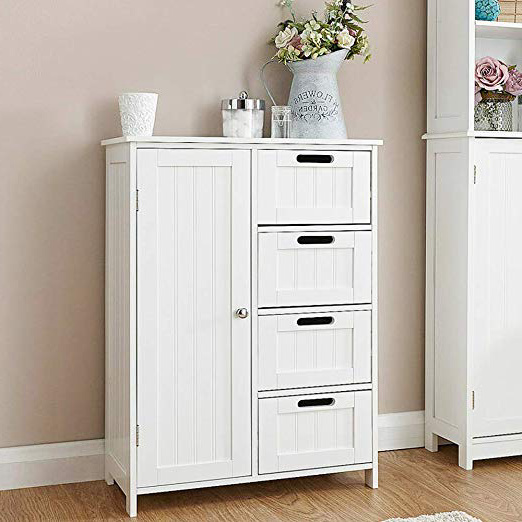 BAKAJI Mobile Bagno 4 Cassetti + Anta 2 Ripiani Mobiletto Cassettiera Multiuso in Legno MDF Bianco Dimensione 55 x 81 cm
