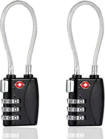 TSA Lucchetti per Bagagli (2 Pezzi), 3 Cifre Combinazione Codice Serratura Dogane Cavo di Sicurezza lucchetti, Approvato Travel Lock per Valigie Bagaglio Borsa Scuola Palestra Armadietti Scatola Degli