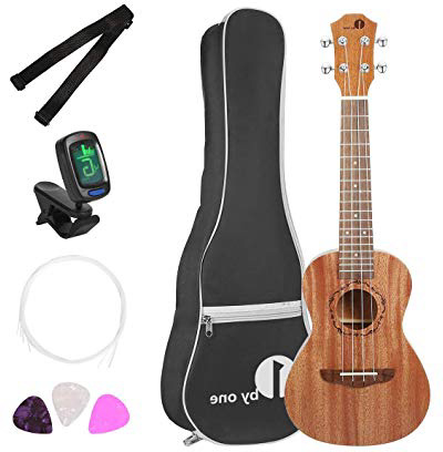 1 BY ONE Ukulele Concerto 23 pollici in Mogano con Accordatore Digitale, 3 Plettri, Tracolla e Custodia Nera