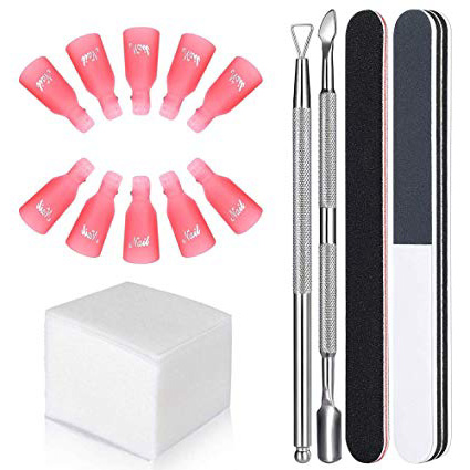 GeekerChip Kit Rimozione Smalto Semipermanente Clip,10 x Clip per Dita,100 x Tamponi di Cotone,2 x Lime per Unghie,1x Curetta,1 x Spingi Cuticole Raschietto