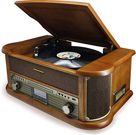 Soundmaster NR546BR Stereo Vintage Dab+/FM Radio Digitale con Giradischi Incluso Sistema di Riproduzione Magnetica Audio Technica, CD/MP3, USB, Cassette, Bluetooth ed Encoder