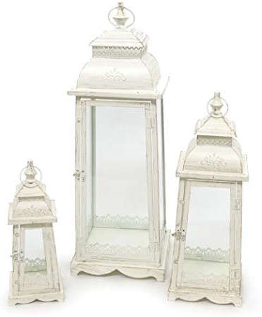 Set di 3 Laterne "Lugano", colore bianco crema anticato, in metallo, a base esagonale, con decorazioni ornamentali
