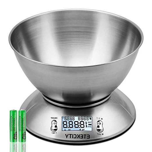 Etekcity Bilancia da Cucina Elettronica in Acciaio Inossidabile 5kg/ 11lb, Ciotola Mescolata, Timer Allarme, Indicatore Temperatura, Display Retroilluminato, Argento