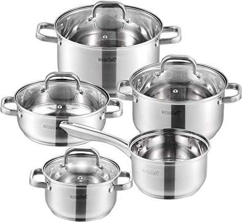 Velaze, Eloria, 9 Pezzi, Set di Pentole Induzione da Cucina, Batteria Pentole Chef Casseruola in Acciaio Inox Cromato Coperchio in Vetro Temperato Padelle Antiaderente per Piastre a Induzione Argento