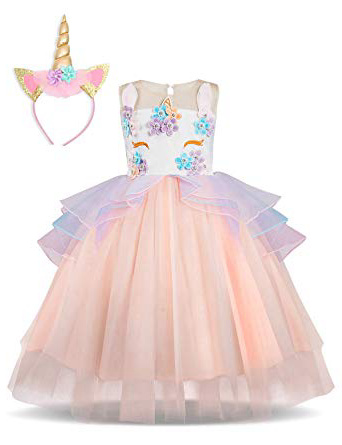 NNJXD Ragazza Unicorno Ruffles Fiori Festa Cosplay Abito da Sposa Vestito della Principessa