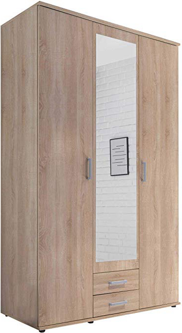 AVANTI TRENDSTORE - Kalle - Armadio ad Ante a Battente con Specchio nel Centro e con 2 cassetti in Legno Laminato, Disponibile in 2 Colori Diversi, Dimensioni: Lap 120x195x55 cm (Marrone)