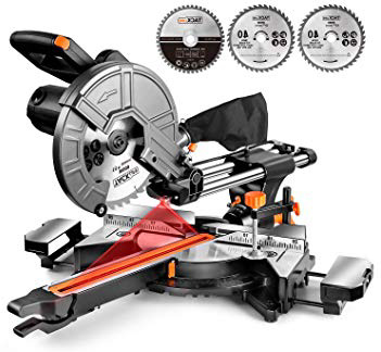TACKLIFE Troncatrice Radiale Compatta, Doppia Velocità, 3200/4500 rpm, 2000W, 40 T e 48T Lame, Taglio Inclinato 45°con Guida Laser, Tavolo Estensibile, Sacchetto per la Polvere - EMS01A